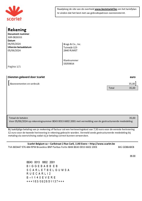 Belgium Scarlet business utility bill template in Word and PDF format